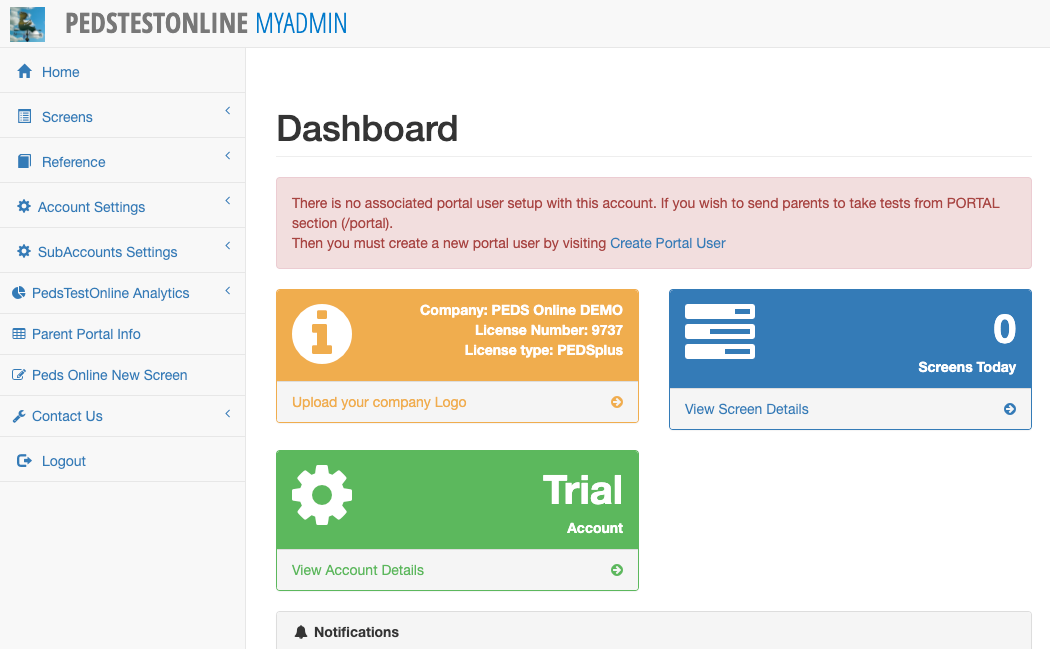 PEDStest Online MyAdmin Dashboard - Account Management and Data Administration