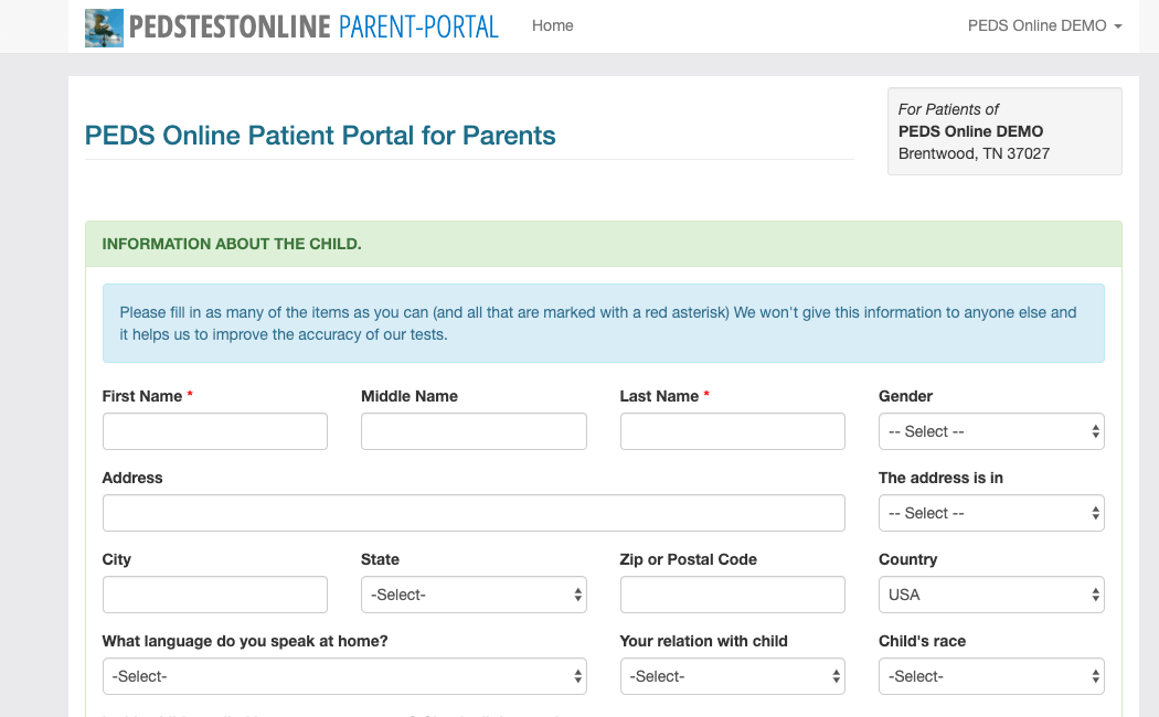 PEDStest Online Parent Portal Interface - Remote Test Administration